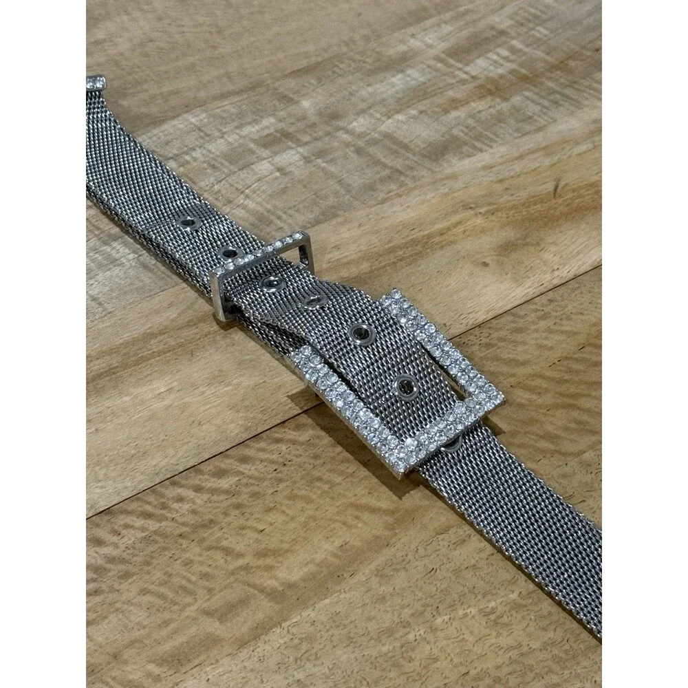 Vintage Mesh Belt Silver Tone Rhinestone Buckle Size Small- Medium Belt